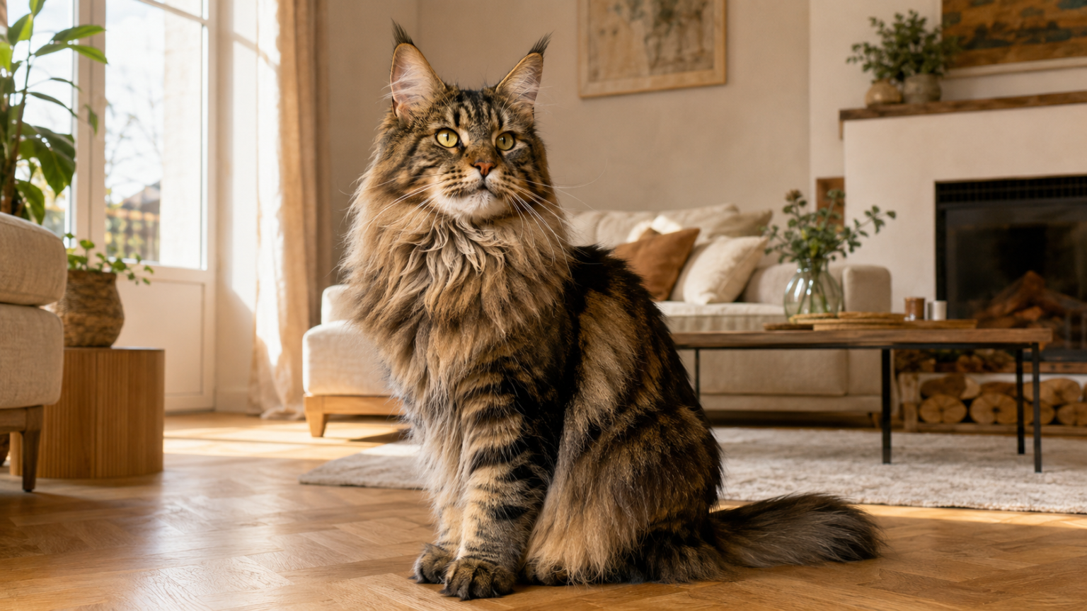 Maine Coon brun à poil mi-long assis dans un salon lumineux