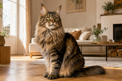 Maine Coon brun à poil mi-long assis dans un salon lumineux