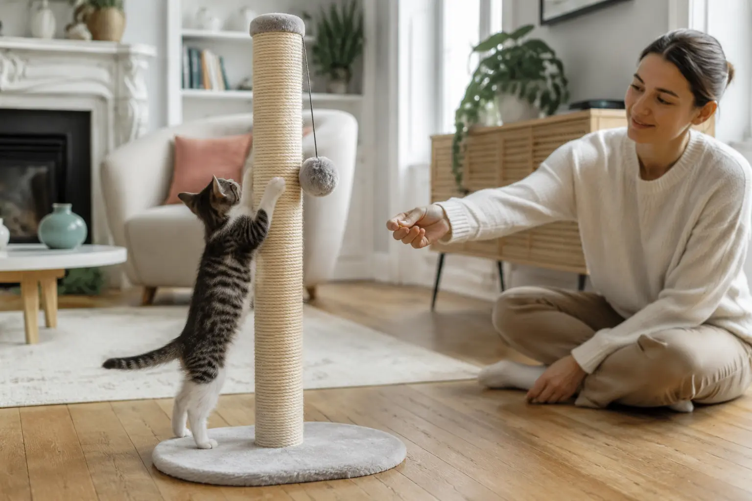 ALT : Éduquer un chaton avec des méthodes positives à la maison.