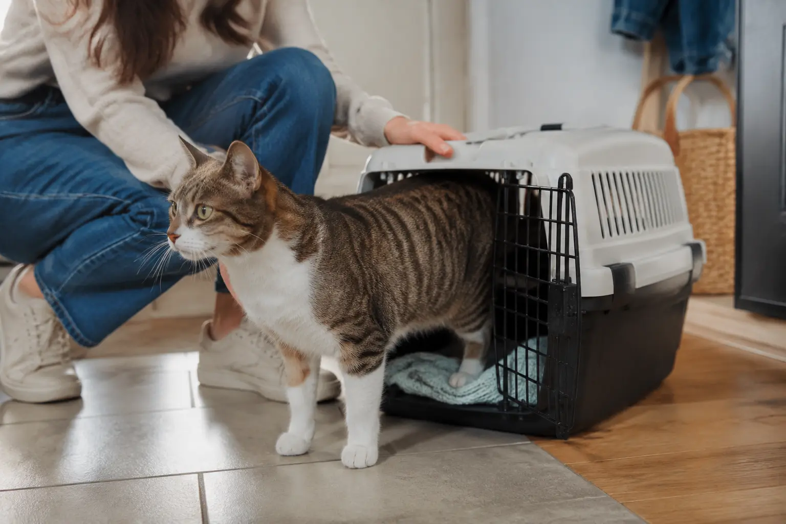 Caisse de transport adaptée à la taille du chat.
