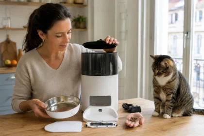 Distributeur automatique de croquettes utilisé par un chat.