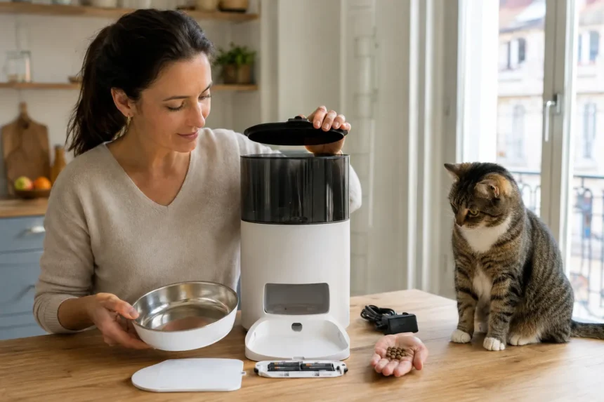 Distributeur automatique de croquettes utilisé par un chat.