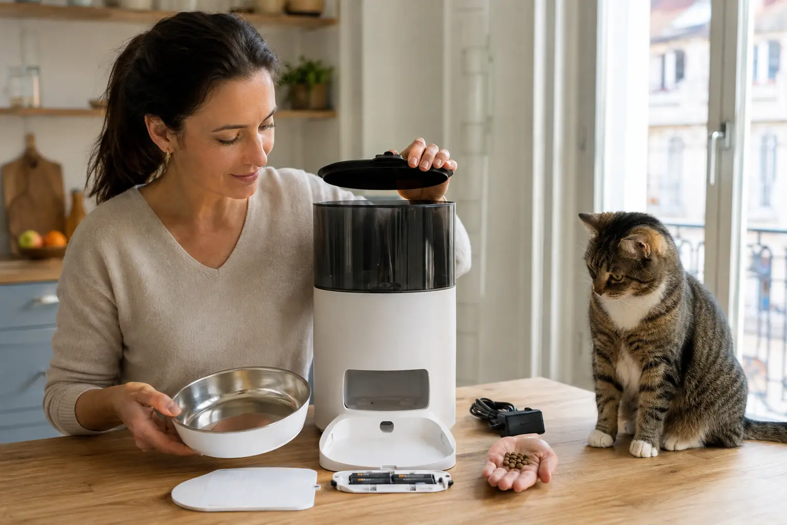 Distributeur automatique de croquettes utilisé par un chat.