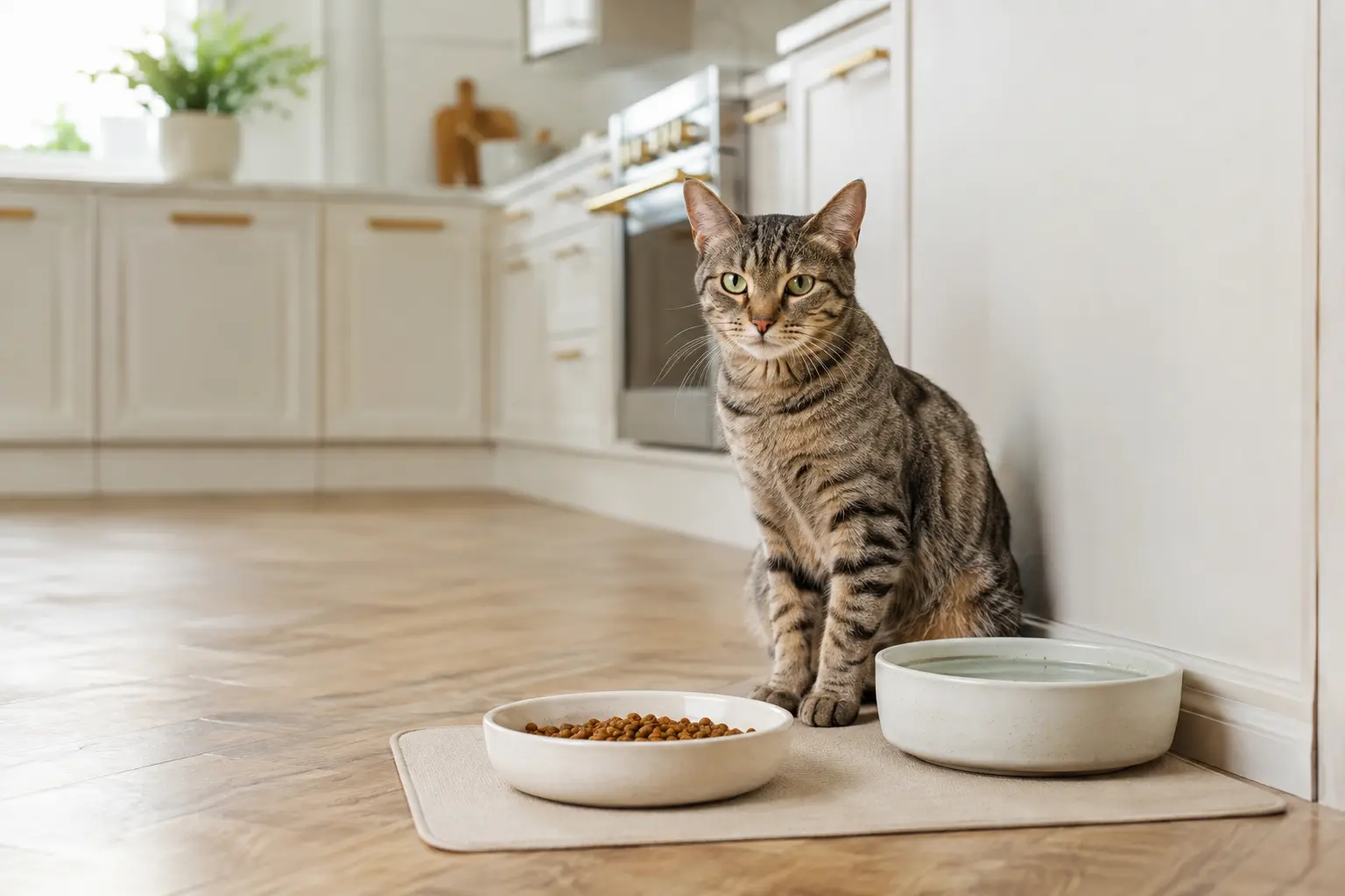 Coin repas et eau bien organisé pour un chat.