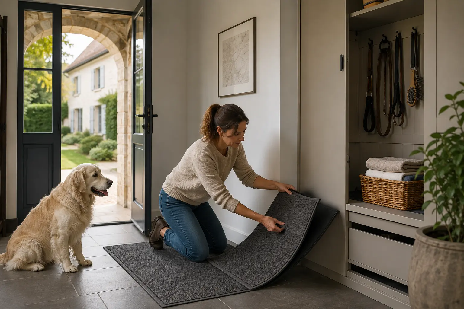 Maison adaptée aux animaux avec espaces confortables pour chien et chat.