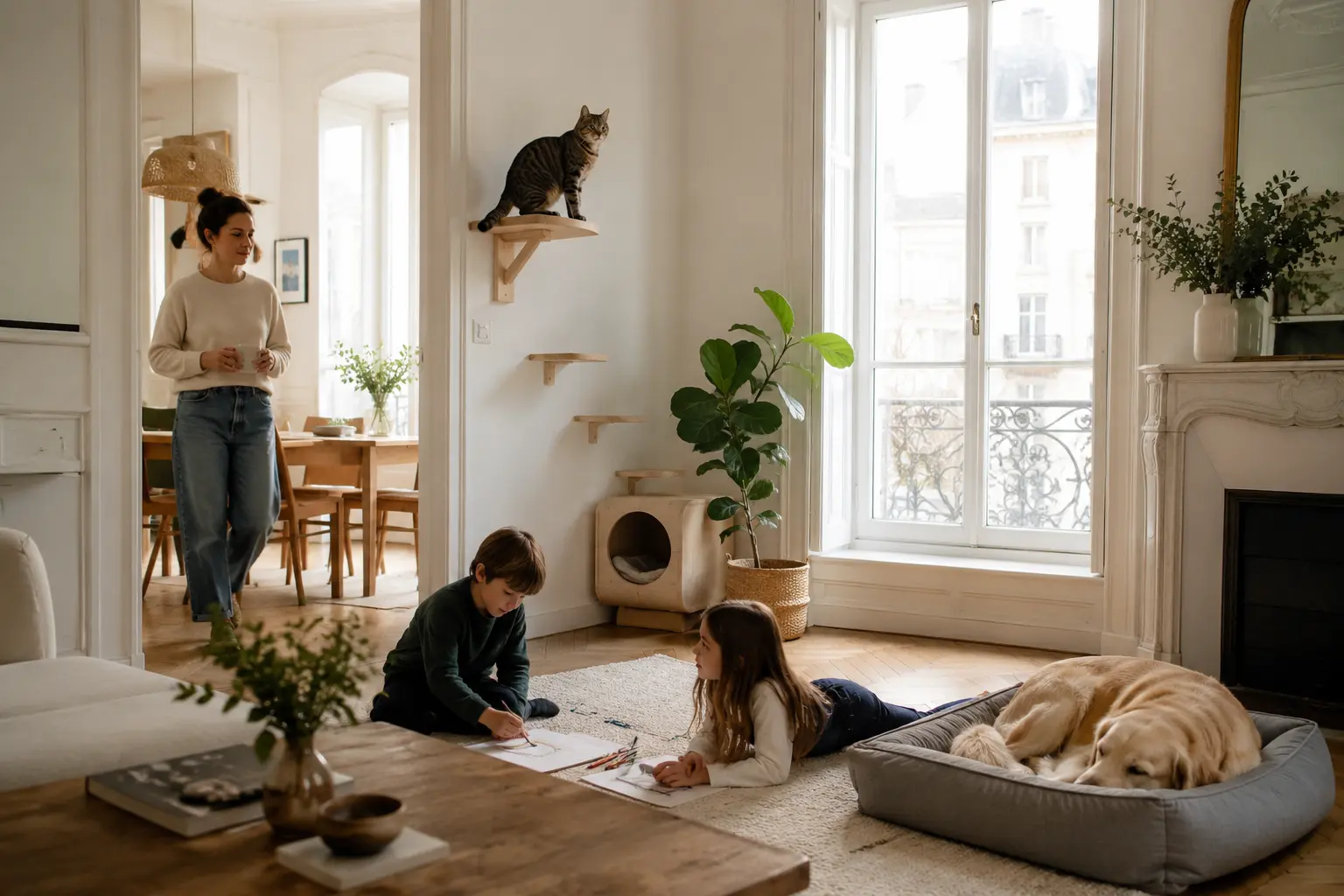 Zones séparées pour les repas et l’eau du chien et du chat.