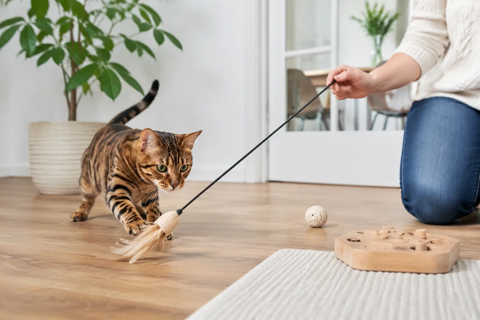 Jouets et enrichissement pour un chat à la maison.