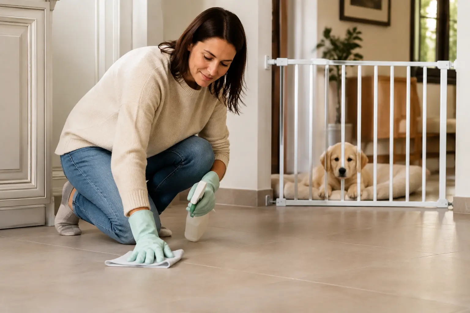 Sortie régulière du chiot vers une zone calme pour ses besoins.