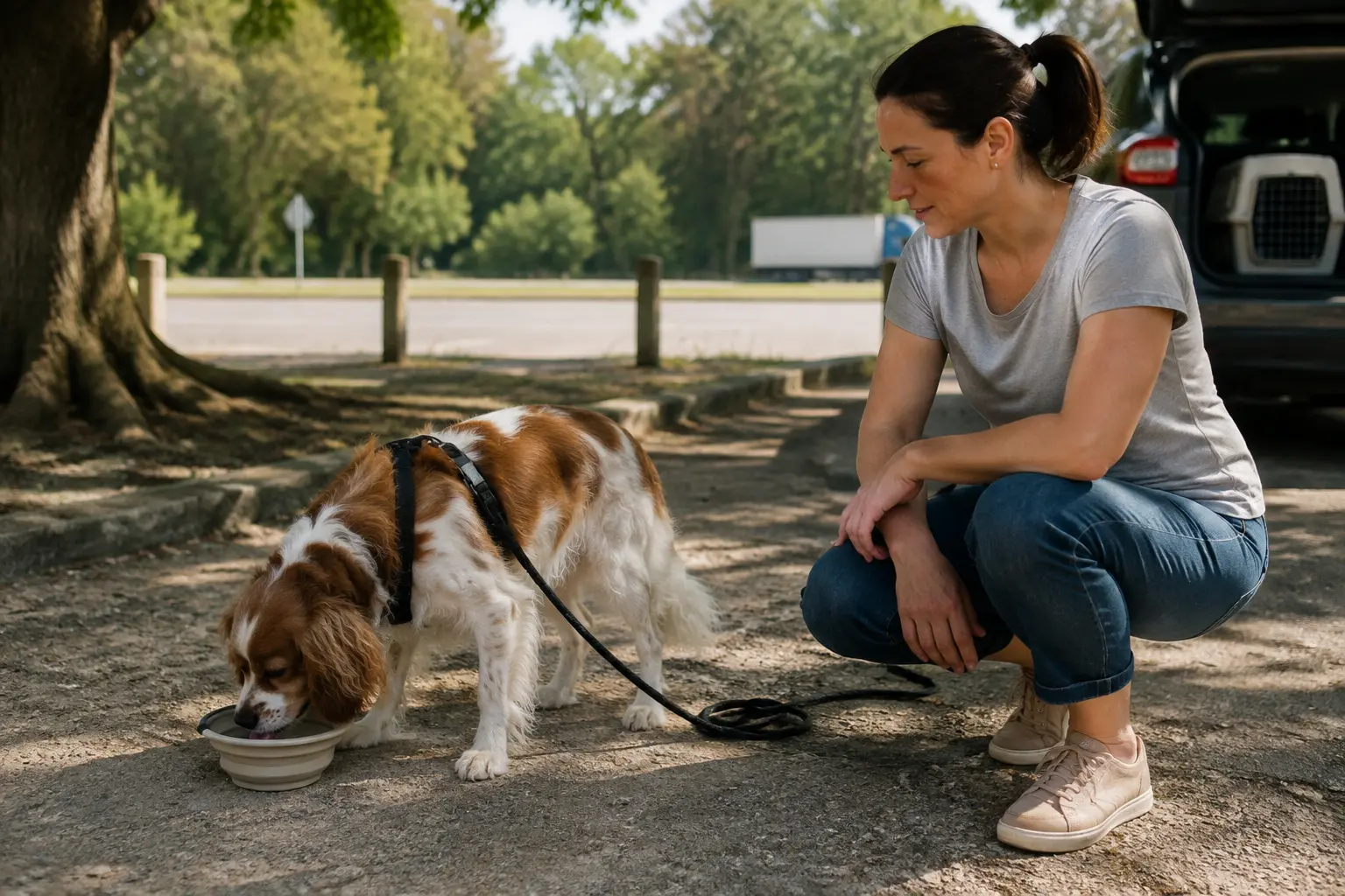 Transport sécurisé d’un chien et d’un chat dans une voiture à l’arrêt.