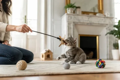 Apprentissage calme du chaton avec les membres de la famille.