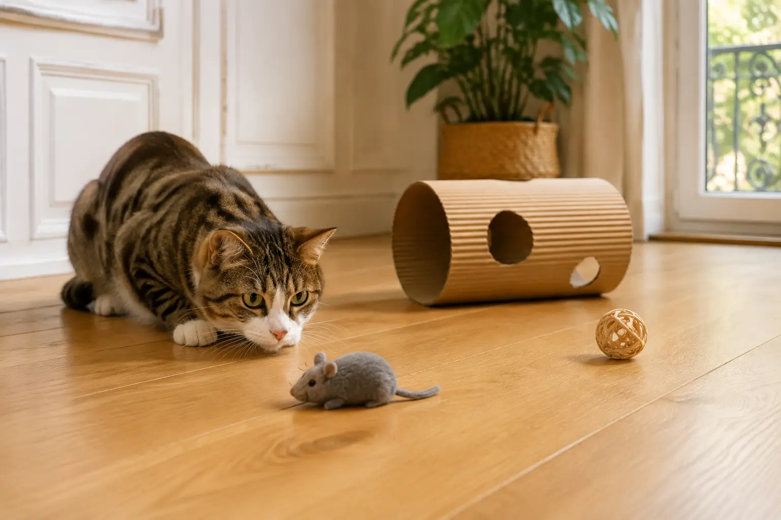Séance de jeu interactif entre un chat et son propriétaire.