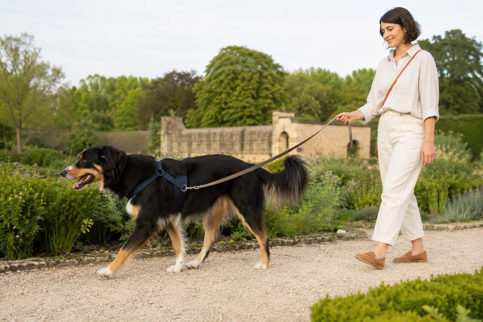 Vérifier les mouvements du chien avec son harnais.