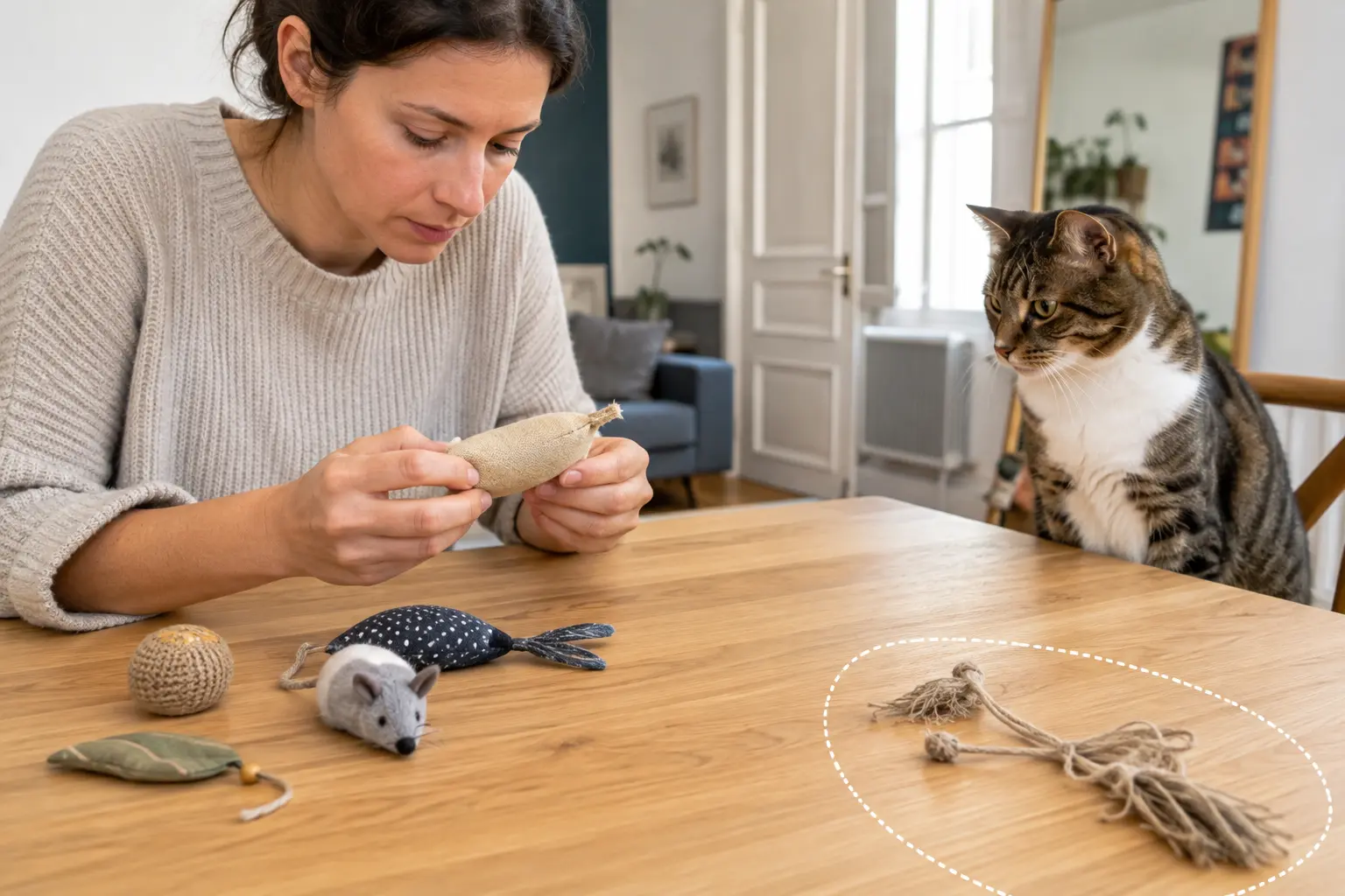 Vérifier l’état et la sécurité d’un jouet pour chat.