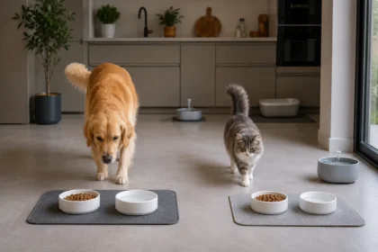 Famille planifiant les espaces d’une maison adaptée aux animaux.